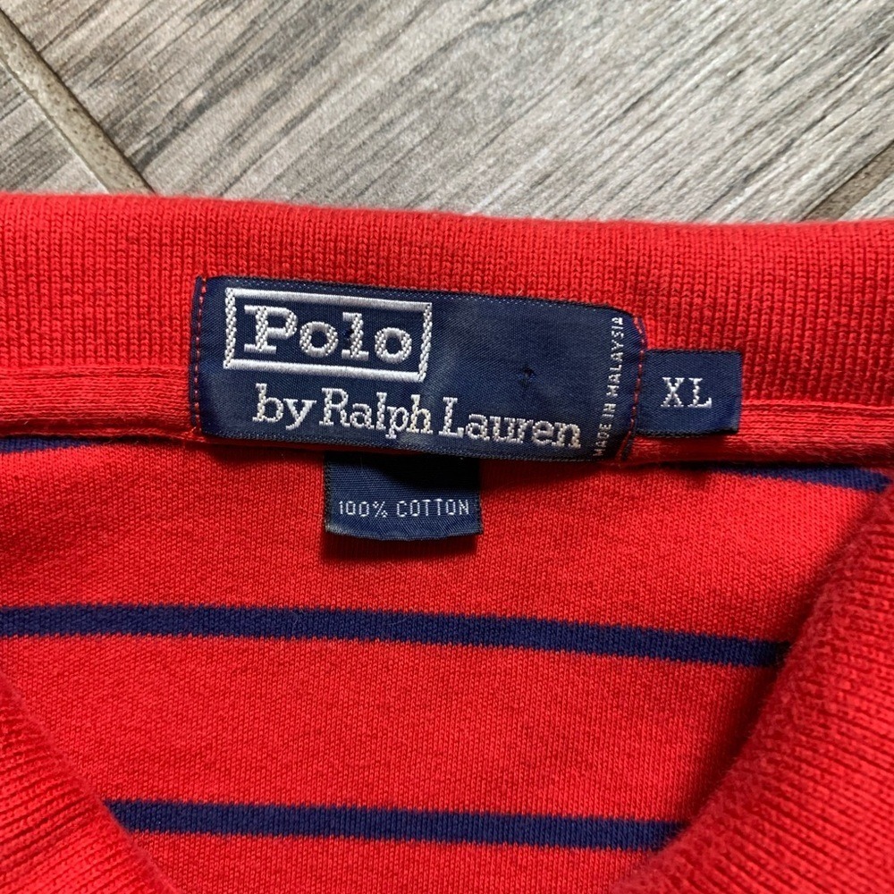 Polo Ralph Lauren Mens XL Long Sleeve Polo Shirt Striped Red Navy Blue Cotton - Picture 4 of 7
